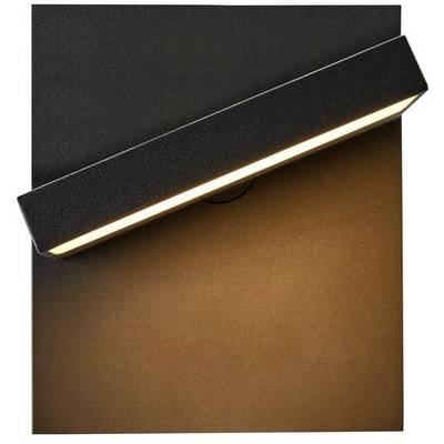 Black wall lamp with an angled, illuminated beam that radiates warm light downwards. Modern and minimalist design.