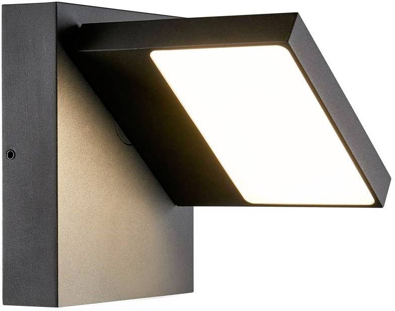 Modern, square LED wall light with a black housing and illuminated white light surface, perfect for exterior or garden lighting.