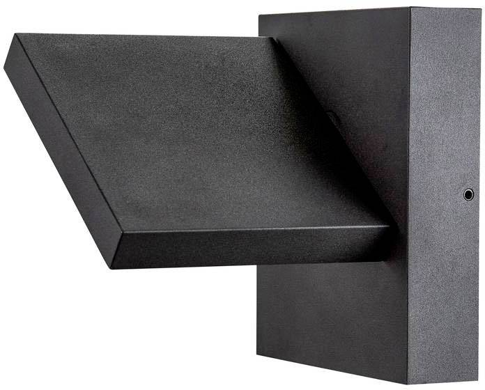 A black, modern exterior wall light with an angled, downward-facing shade that provides indirect illumination.