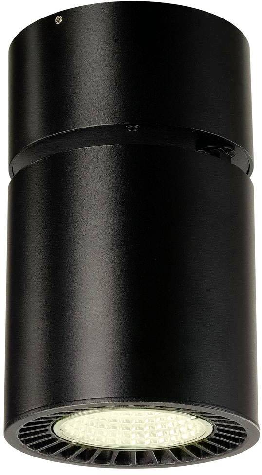 A black cylindrical LED ceiling light with direct downward light emission.