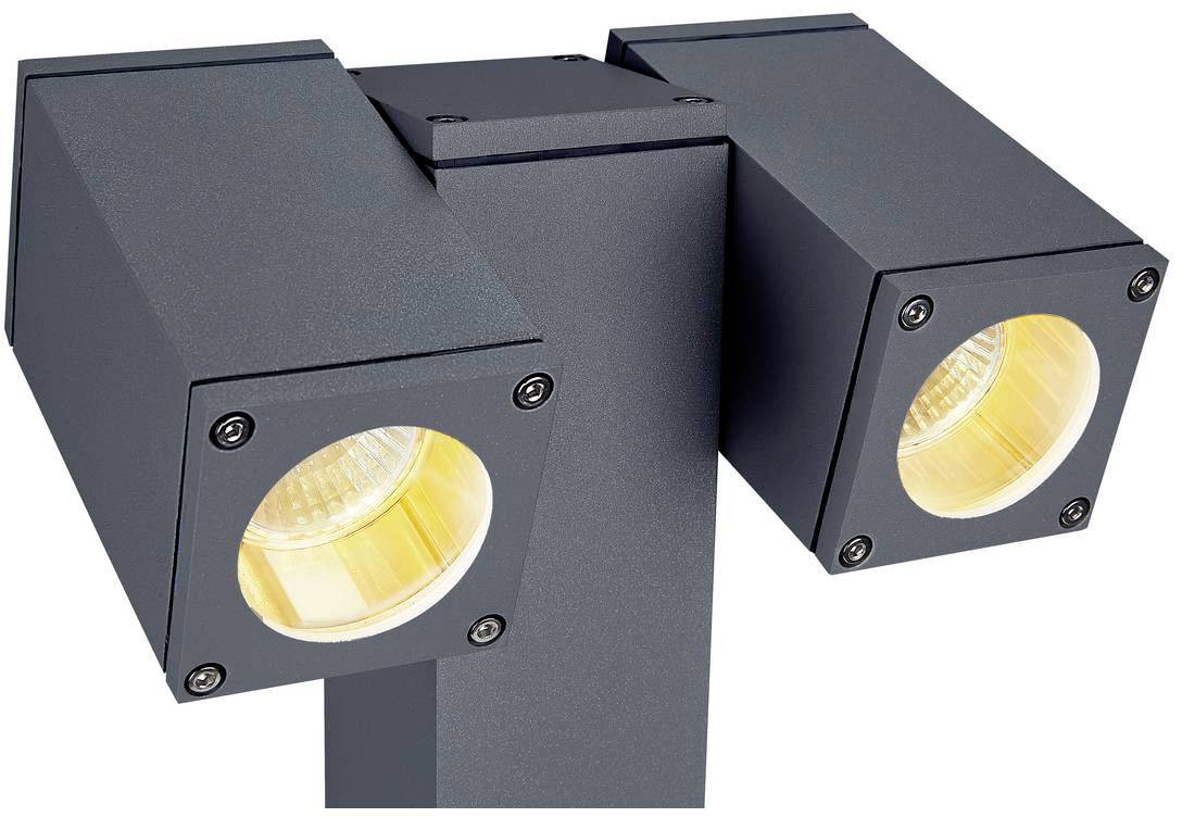 A modern, black outdoor spotlight with two rectangular lights emitting warm light. Suitable for garden lighting.