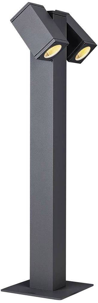 A modern, black outdoor light with two adjustable spotlights on a sturdy base, suitable for illuminating pathways.