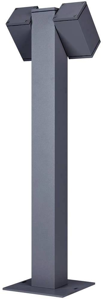 Black, metal exterior lamp post with two angled lamps at the upper end, suitable for garden lighting.