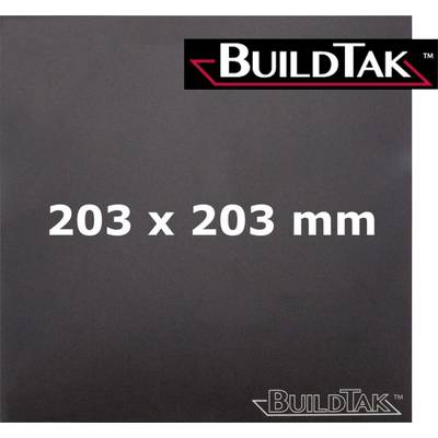 'BuildTak' logo on a black surface with white text '203 x 203 mm'. Product marking for a 3D printer mounting plate.