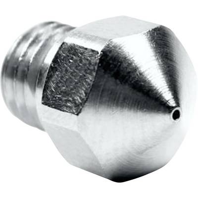 A metal spray nozzle with a hexagonal head and a small hole at the tip, likely for 3D printers or industrial applications.