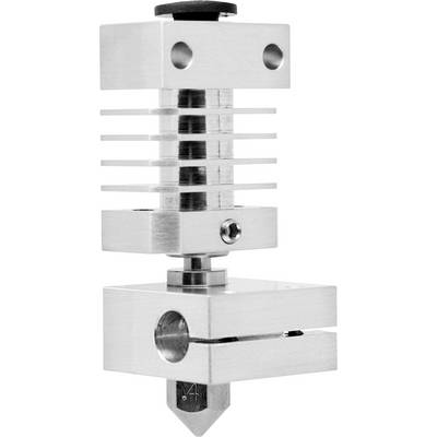 Metallic 3D printer nozzle with cooling fins and bore holes, mounted on a block. Used for precise control of filament flow.