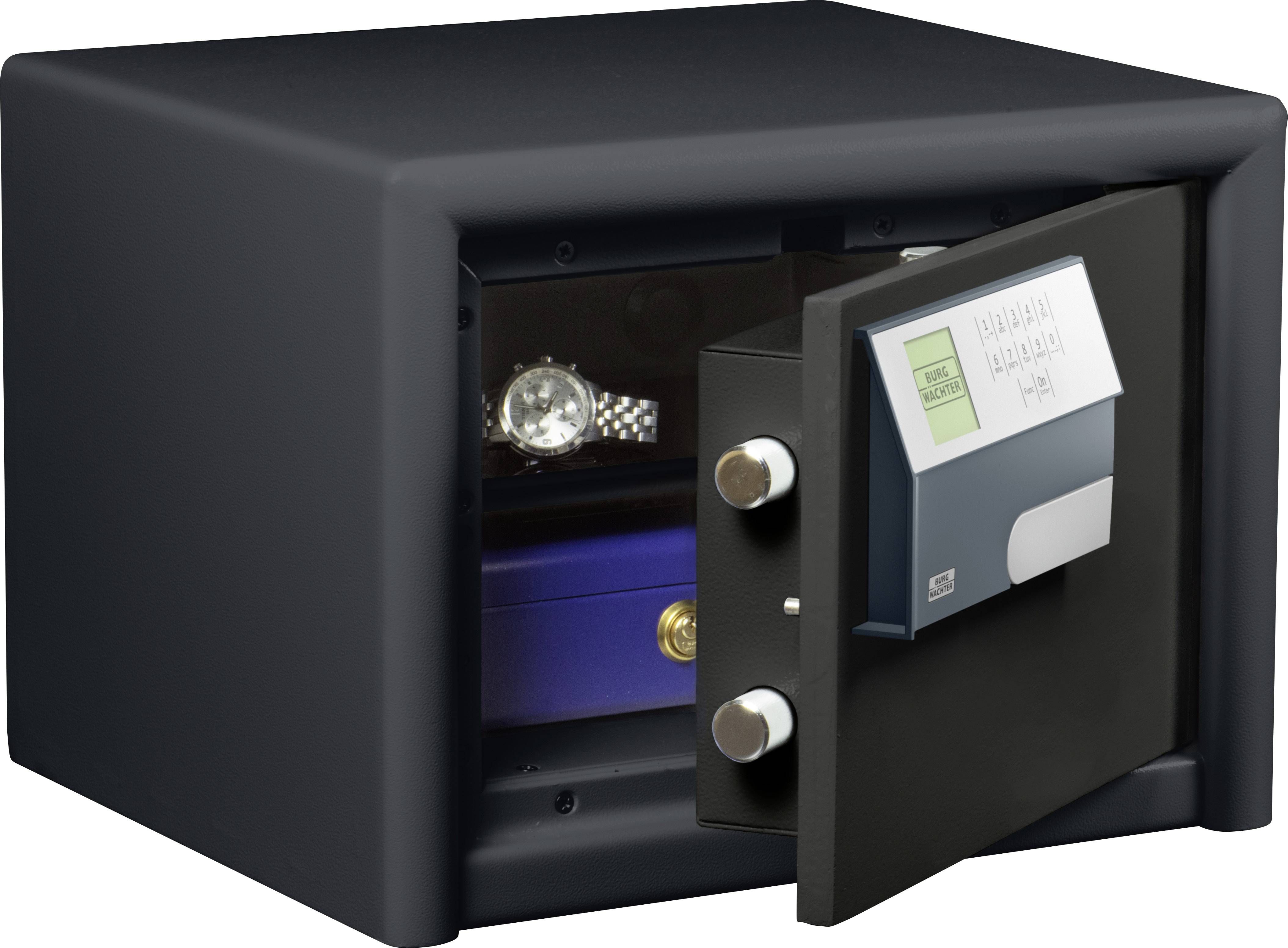 An open safe with a visible watch compartment and a digital control panel on the door.