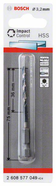 Bosch Drill Bit Set, Ø 3.2 mm, HSS, Suitable for Concrete. Packaging Shows Dimensions of 75 mm Length and 36 mm Width.