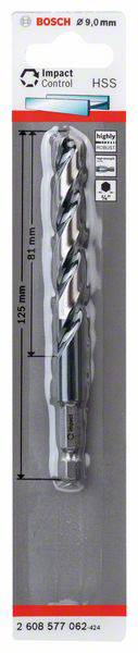 Packaging for a Bosch metal drill bit, 123 mm length, 9.0 mm diameter, suitable for hammer drills, HSS steel.
