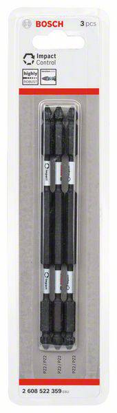 Packaging containing three Bosch screwdriver bits, suitable for heavy-duty impact use, with high durability rating, article number below.