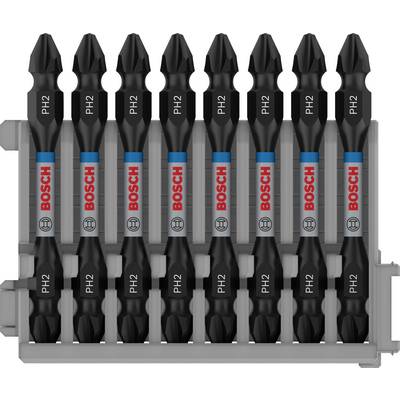 A set of ten black Bosch screwdriver bits, marked PH2, in a grey holder. They are designed for use with screwdrivers.