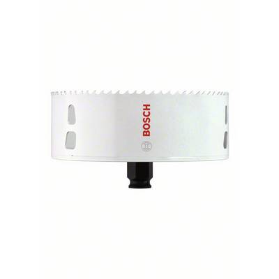 White hole saw attachment with teeth at the top; 'Bosch' brand logo in red visible on the side. Ideal for metalworking and woodworking.