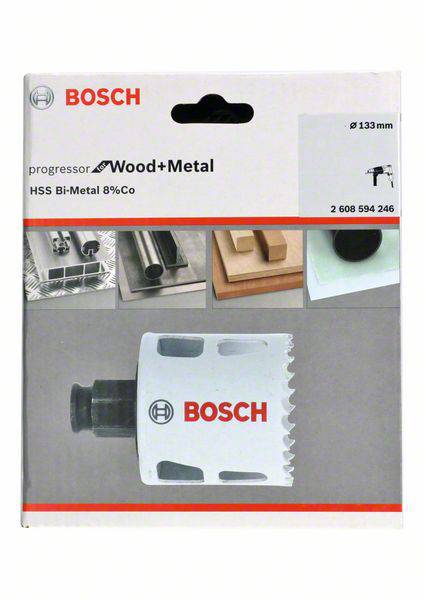 'Bosch Progressor Wood+Metal 133mm HSS Bi-Metal 8% Co Hole Saw' packaging. Shows example applications with wood and metal.