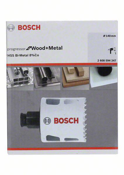 Bosch product packaging for a progressor saw blade, suitable for wood and metal, diameter 140 mm, HSS Bi-Metal 8% Co.