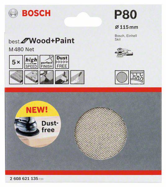 BOSCH Sandpaper, P80, suitable for wood and paint. Contains five dust protection discs, Ø 115 mm. Ideal for dust-free sanding.
