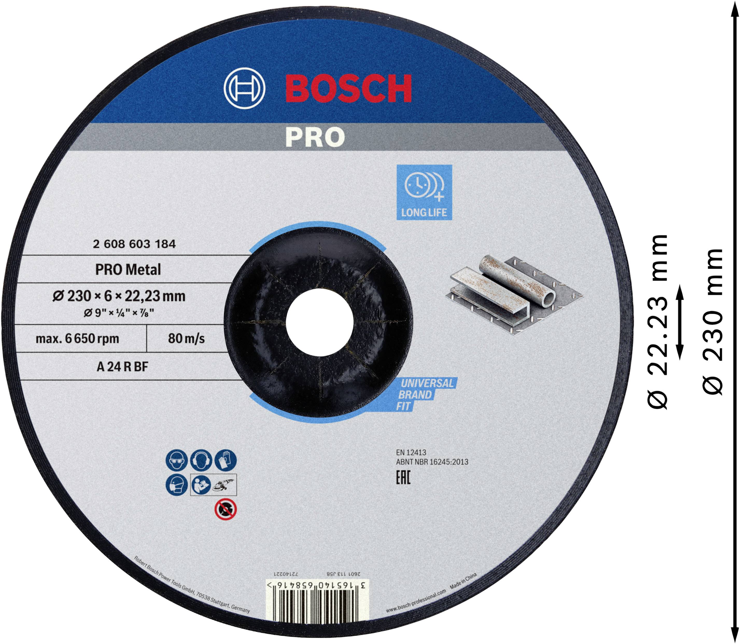 'Bosch PRO' Metal Cutting Disc, Diameter 230 mm, Thickness 6 mm. Suitable for metal cutting, durable. Maximum speed 6,650 RPM.