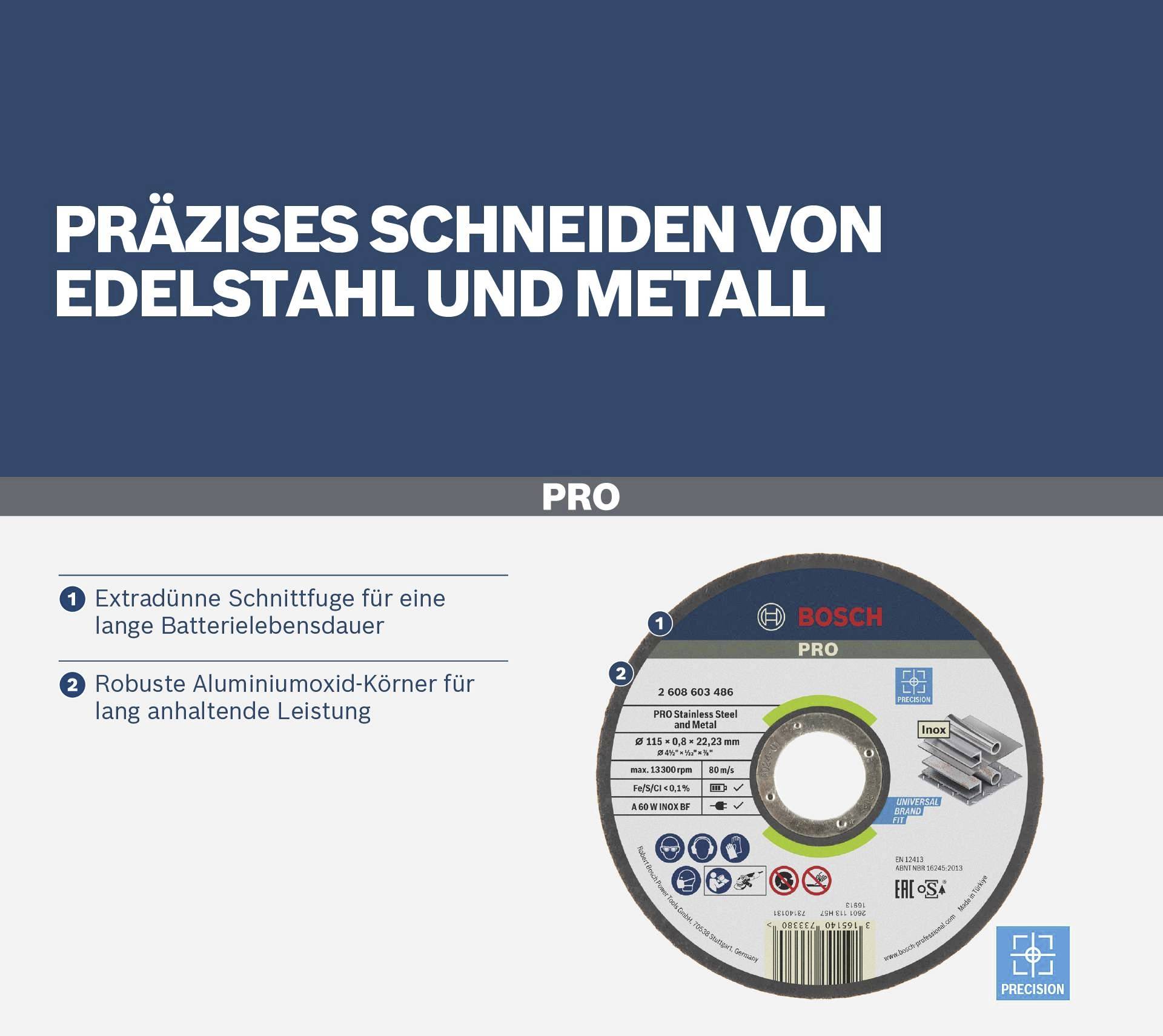 'Precise Cutting of Stainless Steel and Metal' with an image of a Bosch Pro cutting disc, focusing on durability and efficiency.