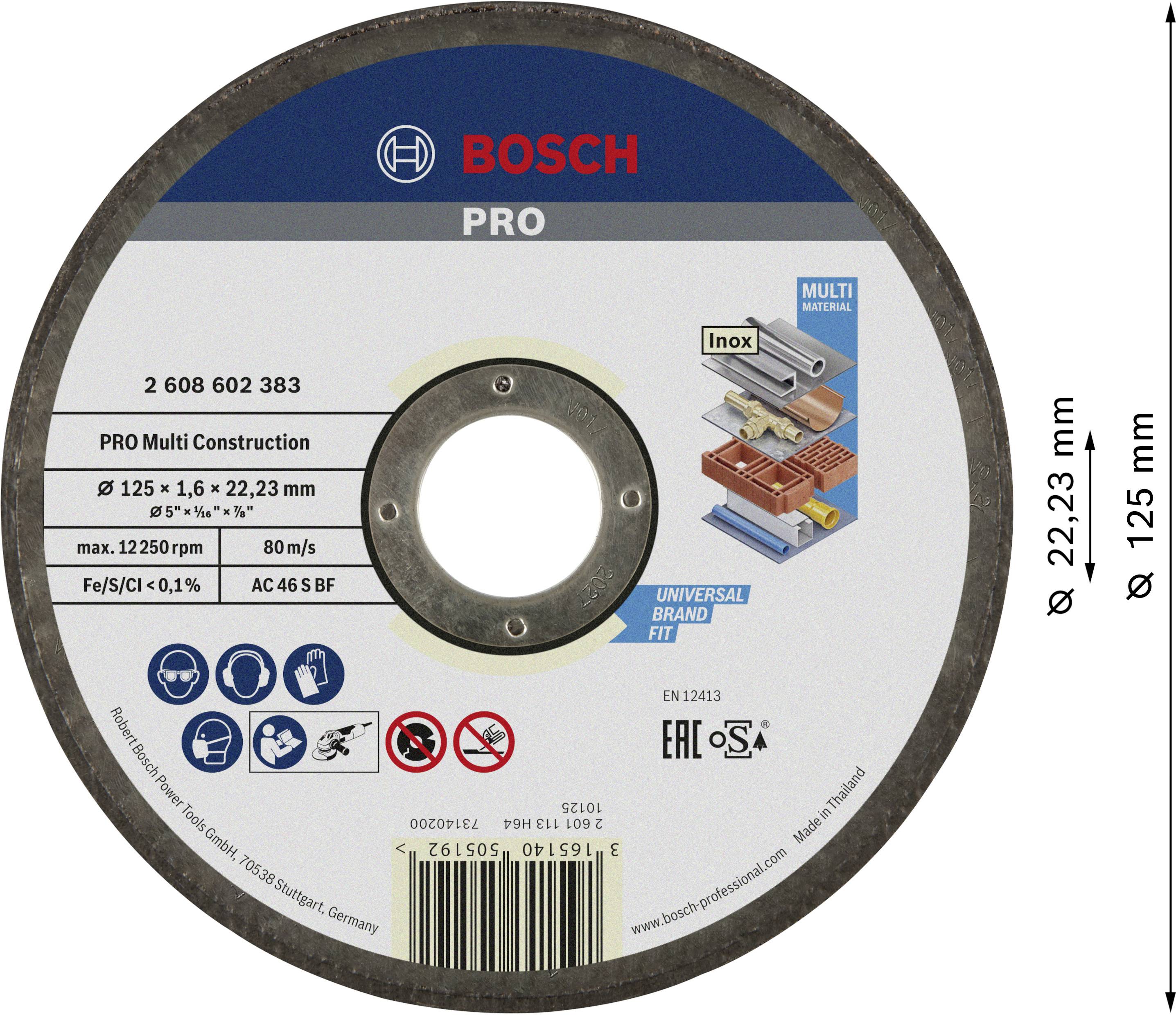 Bosch brand grinding disc, suitable for multi-construction. Dimensions: 125 x 1.6 x 22.23 mm. Max. 12,250 RPM, 80 m/s.