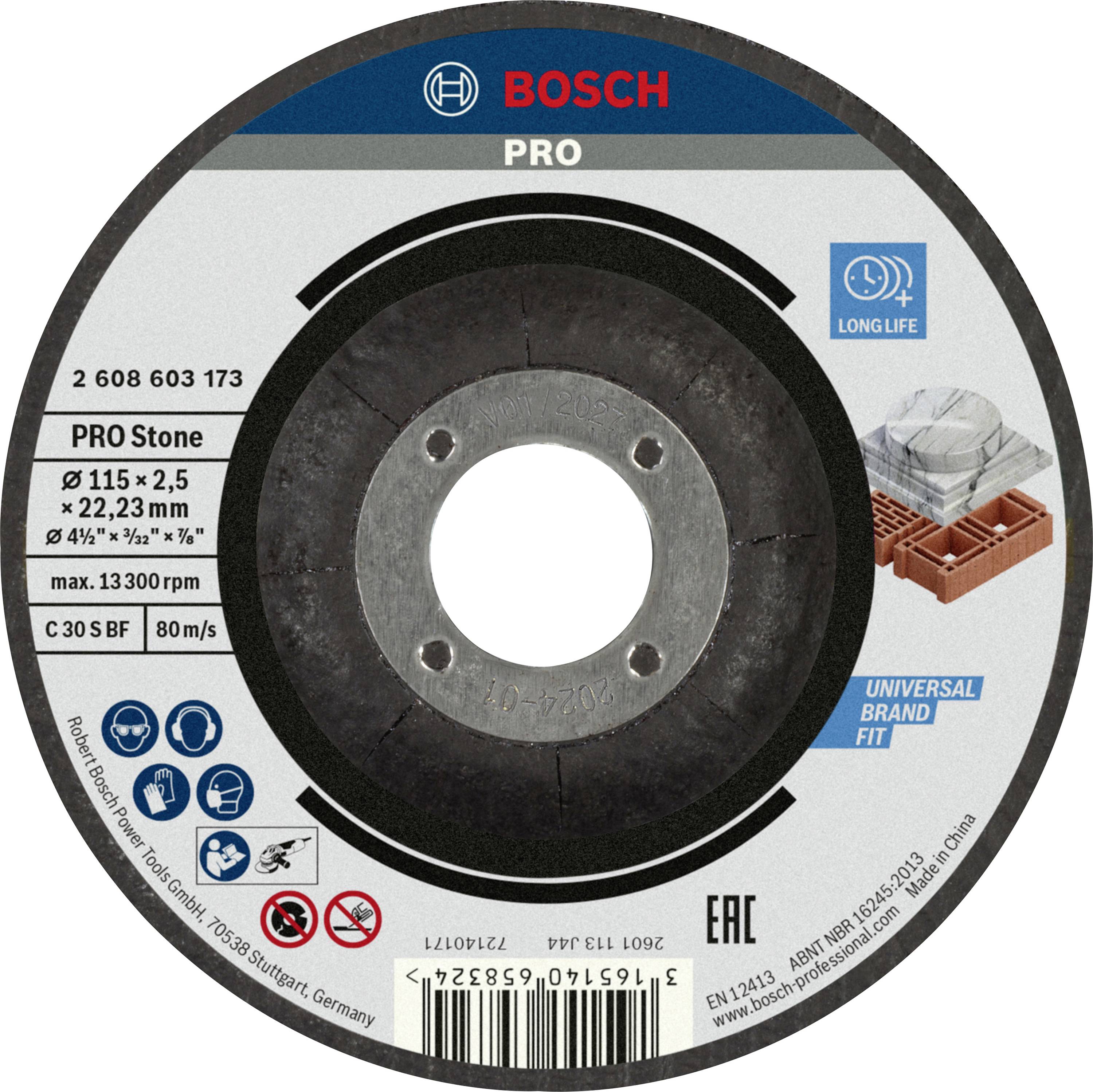 Bosch grinding disc for stone, 115 mm diameter, maximum 13,300 rpm, suitable for universal brands, displaying logos and standards.