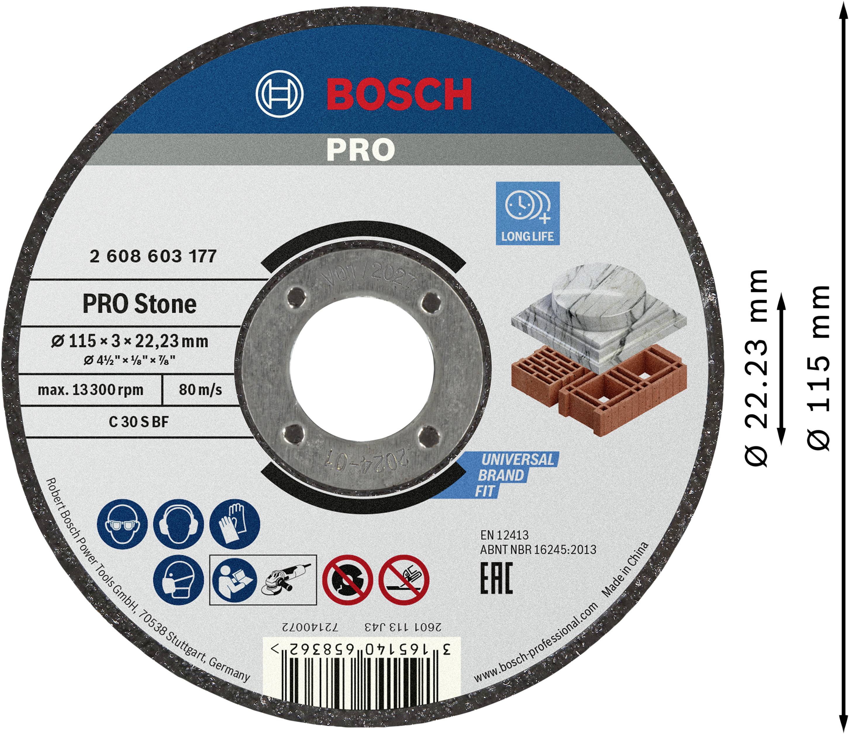 Bosch PRO Stone Cutting Disc, Diameter 115 mm, Thickness 2.23 mm, suitable for stone, max. 13,300 RPM.