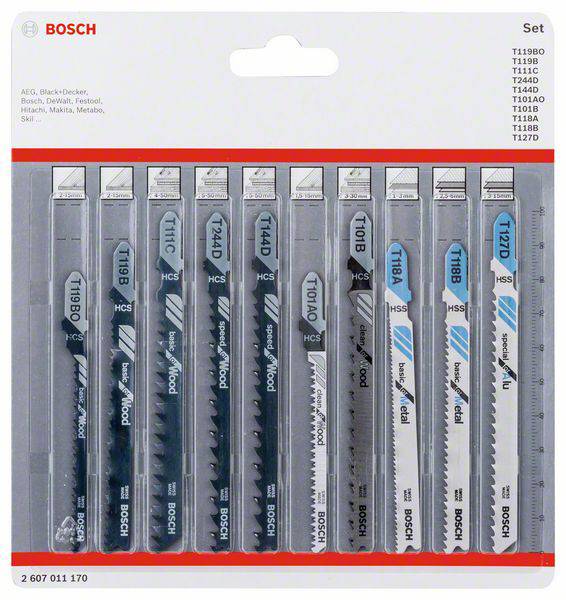 'Set of Bosch jigsaw blades, various types for different materials, shown in a transparent packaging.'
