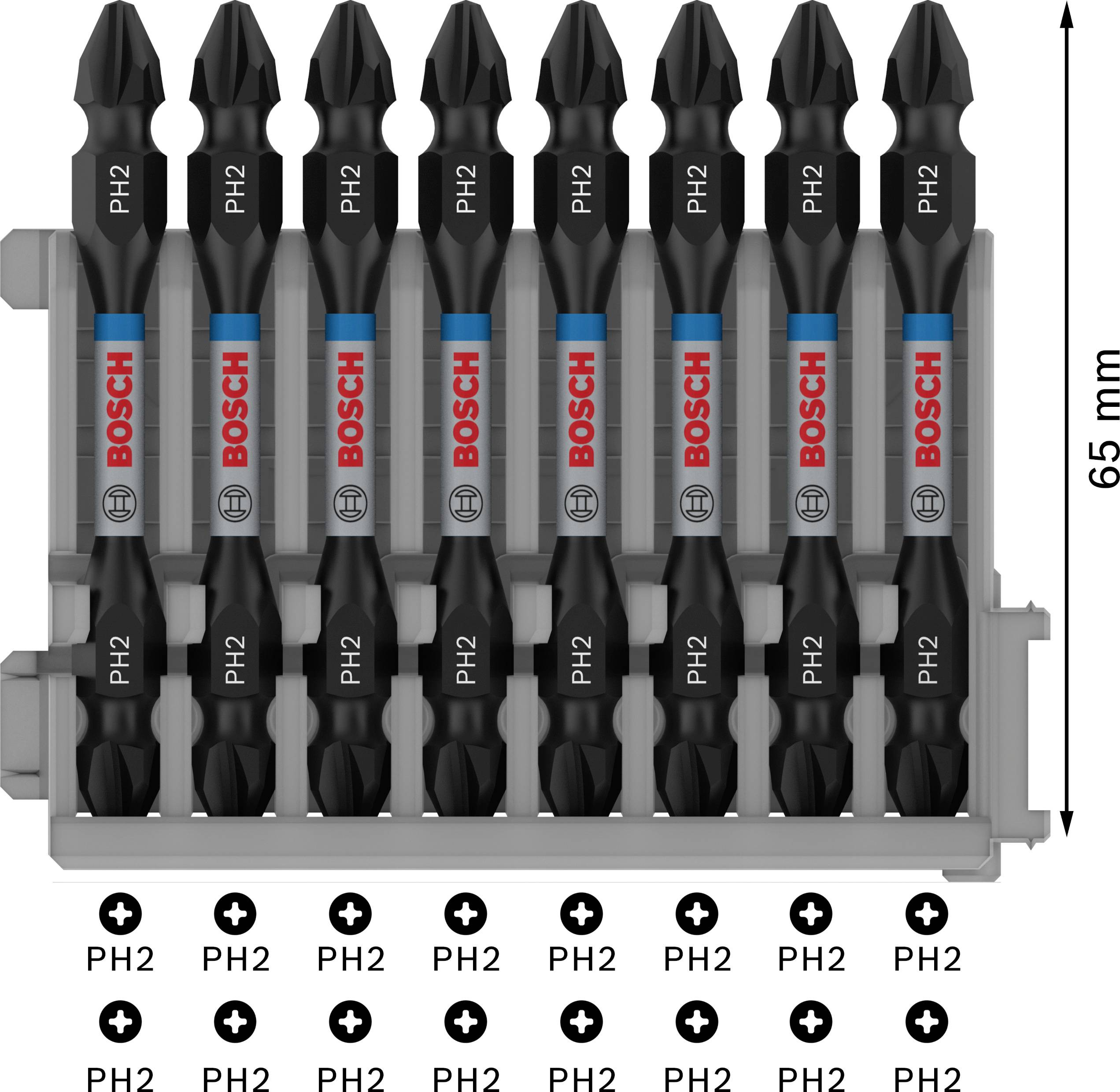 Bosch bit holder set, consisting of ten PH2 bits in a holder. Bits are black with silver marking. Height: 65 mm.