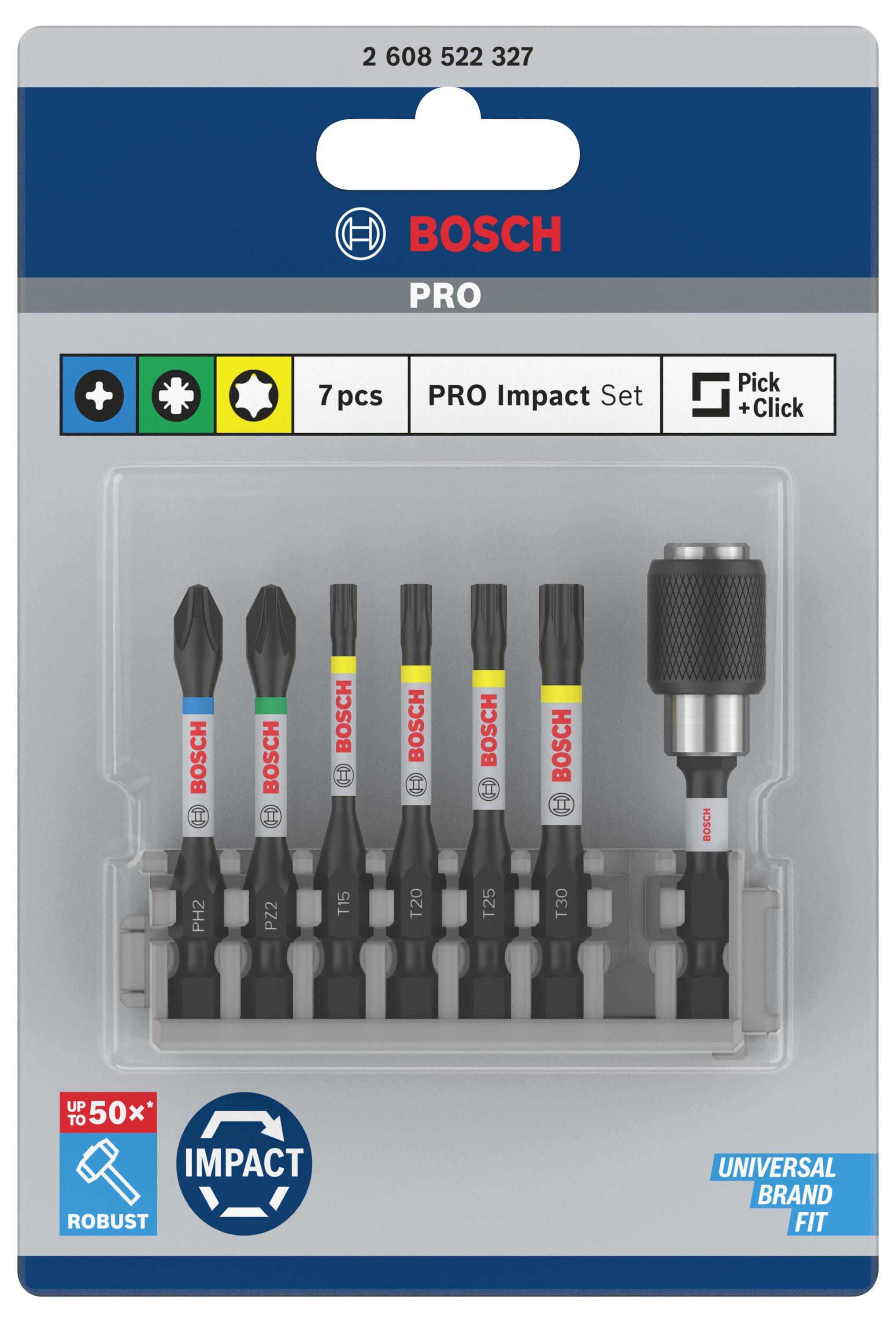 'Bosch PRO Impact Set', 7-piece, with various bits and a bit holder. Packaging for universal brand compatibility.