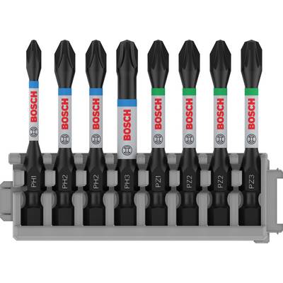 Set of eight Bosch screwdriver bits in a holder, various sizes (PH1-PH3, PZ1-PZ3), colour-coded for easy identification.