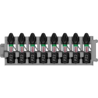 Set of eight Bosch screwdriver bits, labelled 'PZ2', in a grey holder.