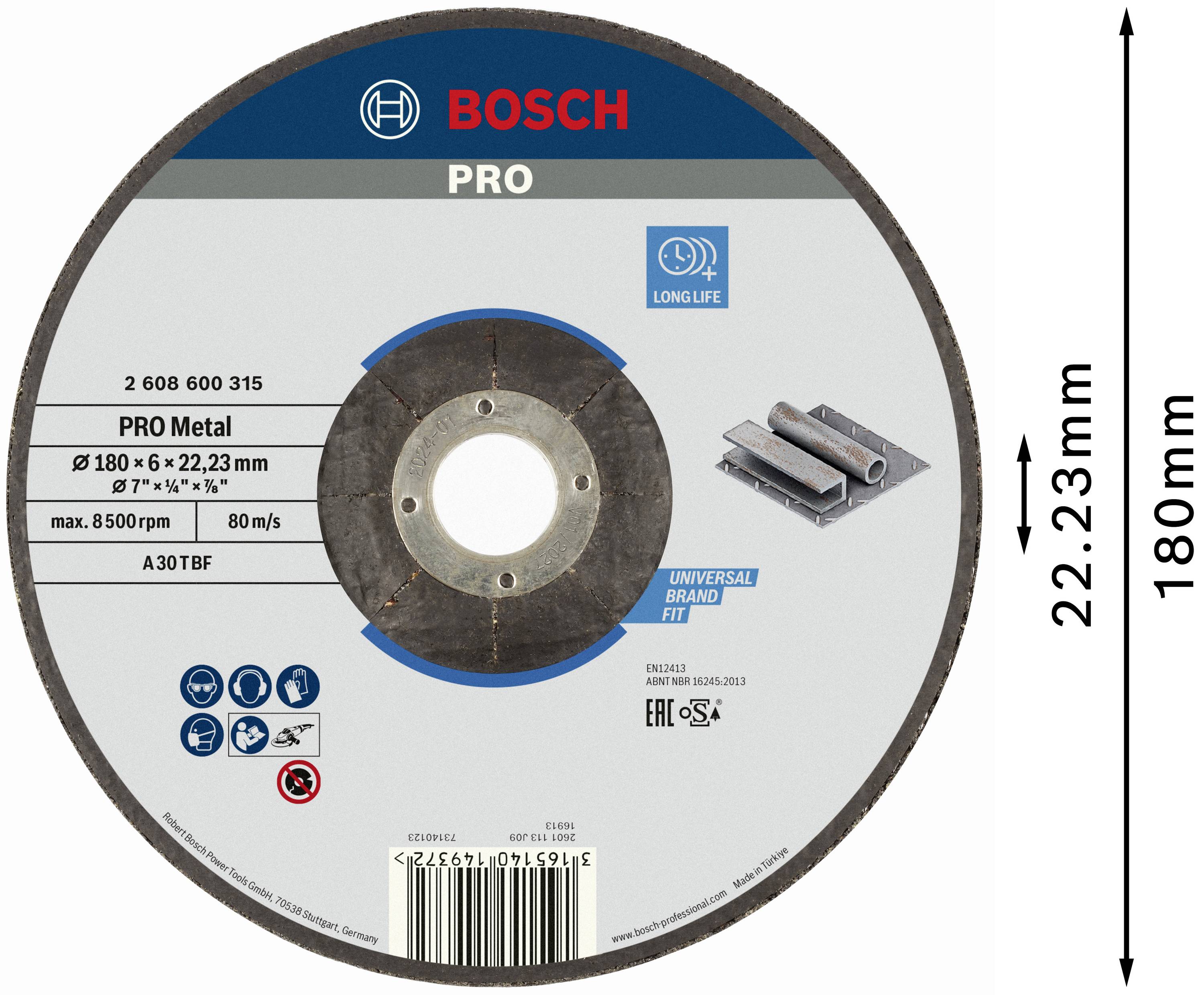 'Pro Metall' cutting disc from Bosch for angle grinders. Diameter 180 mm, maximum speed 8,500 RPM, width 22.23 mm.