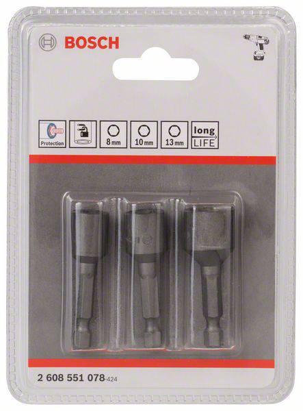 Packaging containing three Bosch drill bits in sizes 8 mm, 10 mm and 13 mm. Suitable for screw work with long service life.