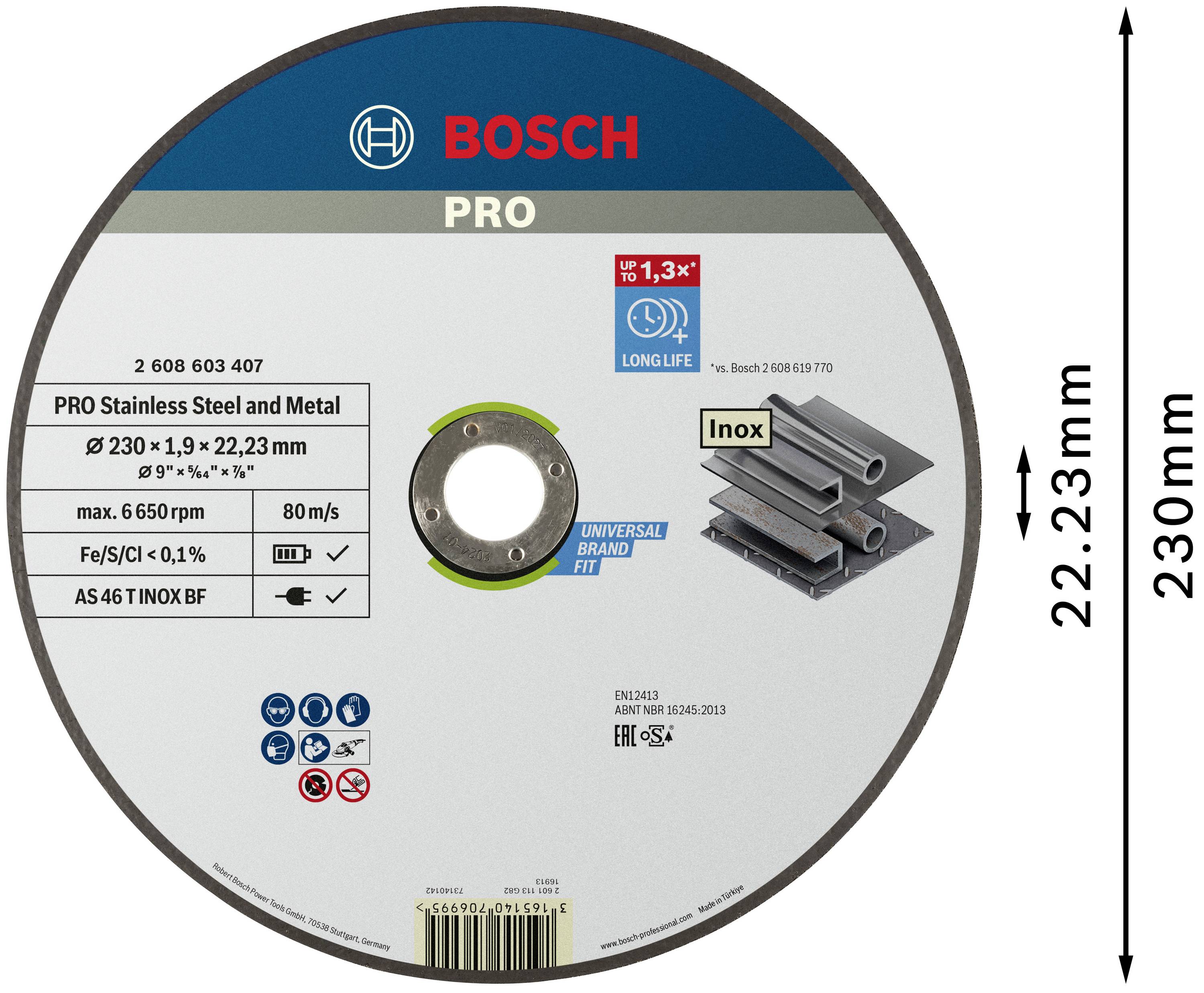 Bosch grinding disc for stainless steel and metal, 230x1.9 mm, 80 m/s. 'Inox' is printed on the packaging, image of metal pipes.