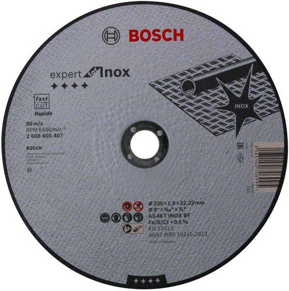 Grinding disc with Bosch logo and details: 'expert for Inox', diameter 230 mm, thickness 1.9 mm, suitable for stainless steel.