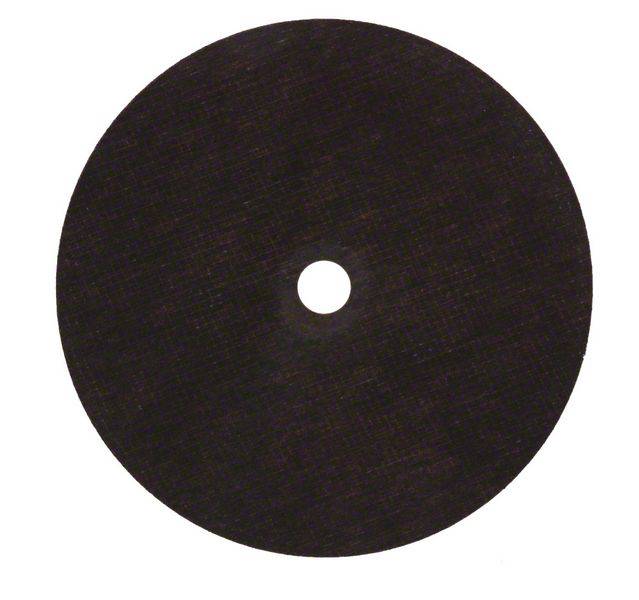 Black, circular cutting disc with a hole in the centre. It is used for precise cuts in metal or stone.