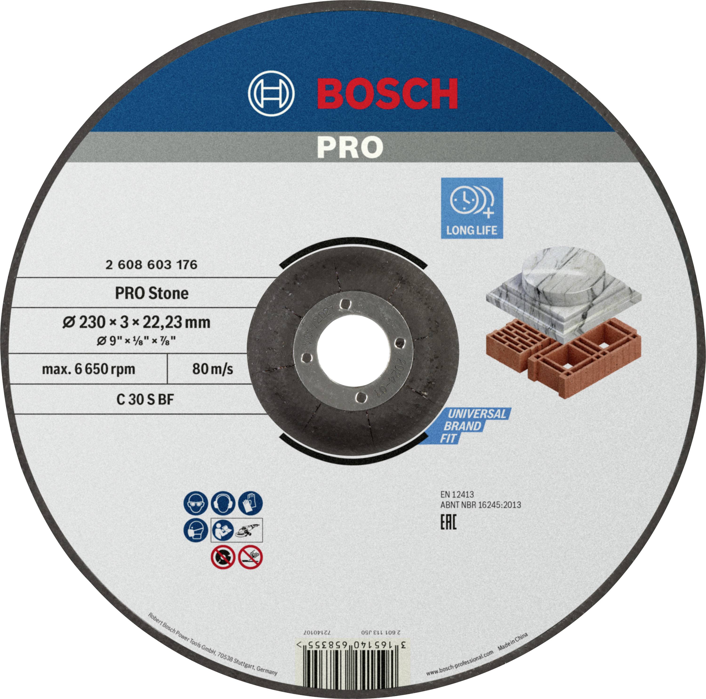 'Bosch PRO Stone Cutting Disc, Diameter 230 mm, for Stone. Long Life, Maximum Speed 6650 RPM, 80 m/s, Universal Fit.'
