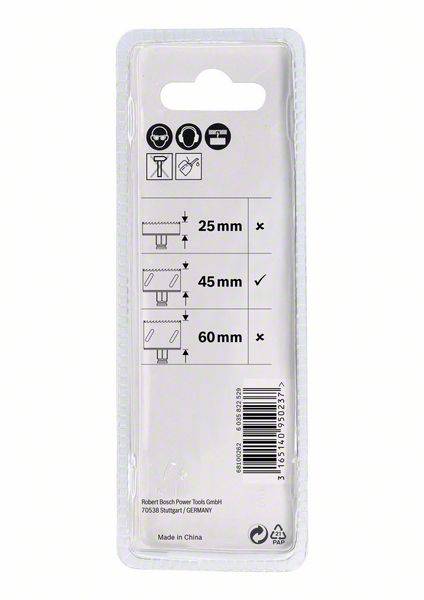 Packaging with three symbols for blade lengths: 25 mm (incorrect), 45 mm (correct), 60 mm (incorrect). Manufacturer: Robert Bosch Power Tools.