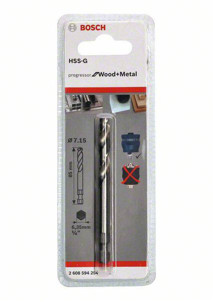 'Bosch HSS-G drill bit for wood and metal, 85 mm length, Ø 7.15 mm. Packaging displays application pictograms and product data.'