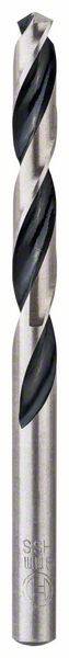 Metal drill bit with two spiral flutes, silver with black coating, standing vertically.