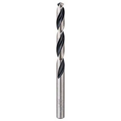 Metal drill bit with two spiral flutes, silver with black coating, standing vertically.