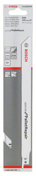 Bosch saw blade, model 'PalletRepair', 225 mm long, suitable for nails. Packaging graphic shows potential applications.