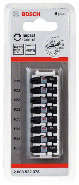 'BOSCH' Bit Set PZ3, 8-piece, in a clear packaging, suitable for impact drills, with robust construction.