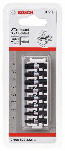 Packaging of Bosch Impact Control Screwdriver Bits, T15-T40, 8 Pieces. Robust and suitable for heavy-duty applications.
