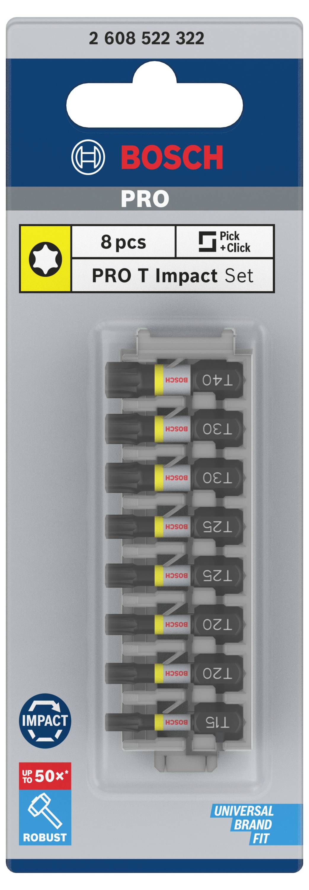 Packaging of a Bosch PRO T Impact Bit Set with 8 bits, suitable for various screwing applications, on a blue background card.