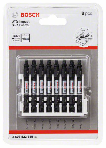 'Bosch' bit set with 8 black screwdriver bits, packed in a transparent plastic case. Suitable for impact control applications.