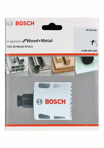 'Bosch Hole Saw Progressor for Wood and Metal, Ø 121 mm. HSS Bi-Metal 8% Co. Packaging with Product Illustrations and Logo.'