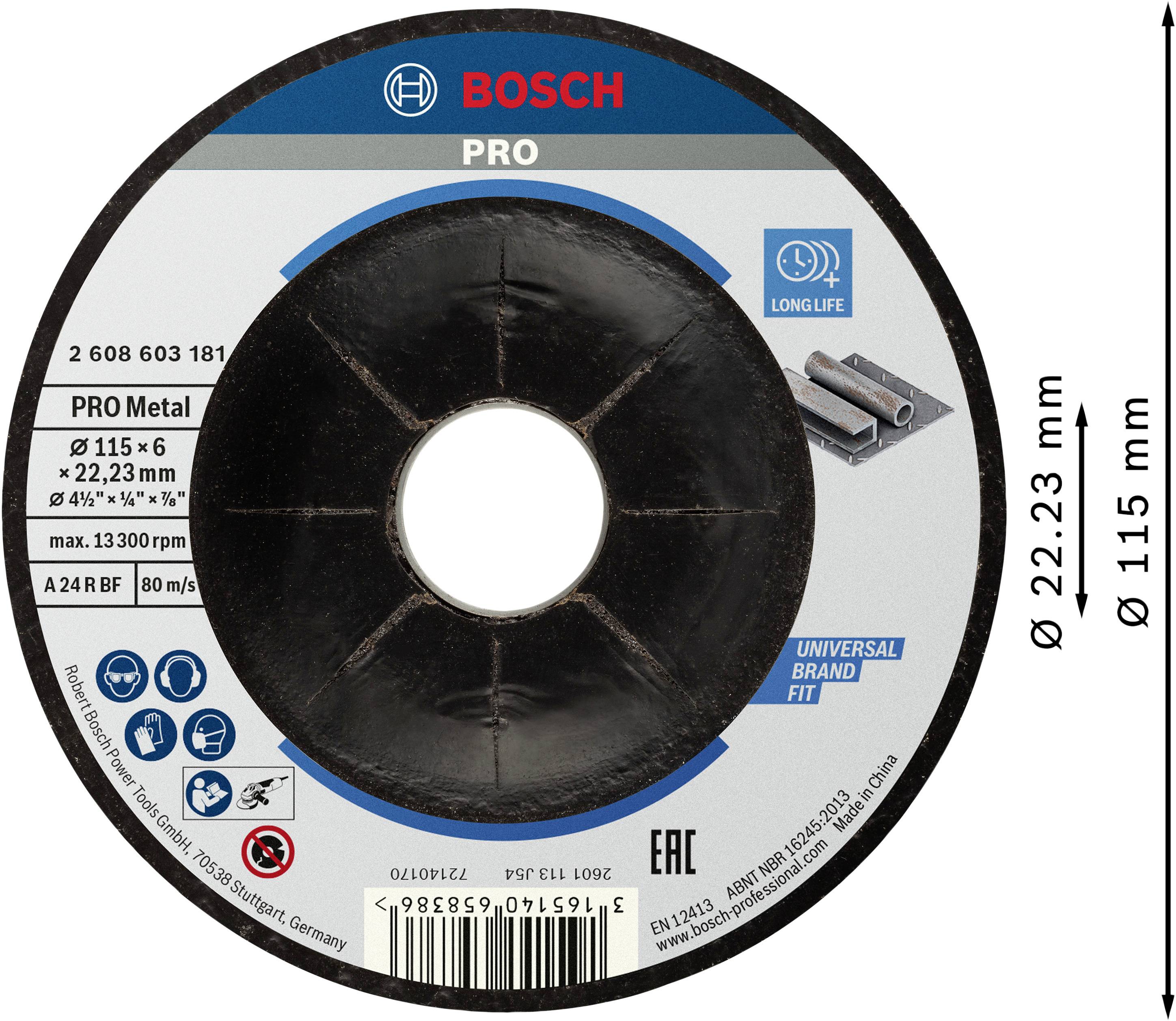 Grinding disc with Bosch logo for metalworking. Dimensions: Diameter 115 mm, bore 22.23 mm. Max. speed: 13,300 RPM.