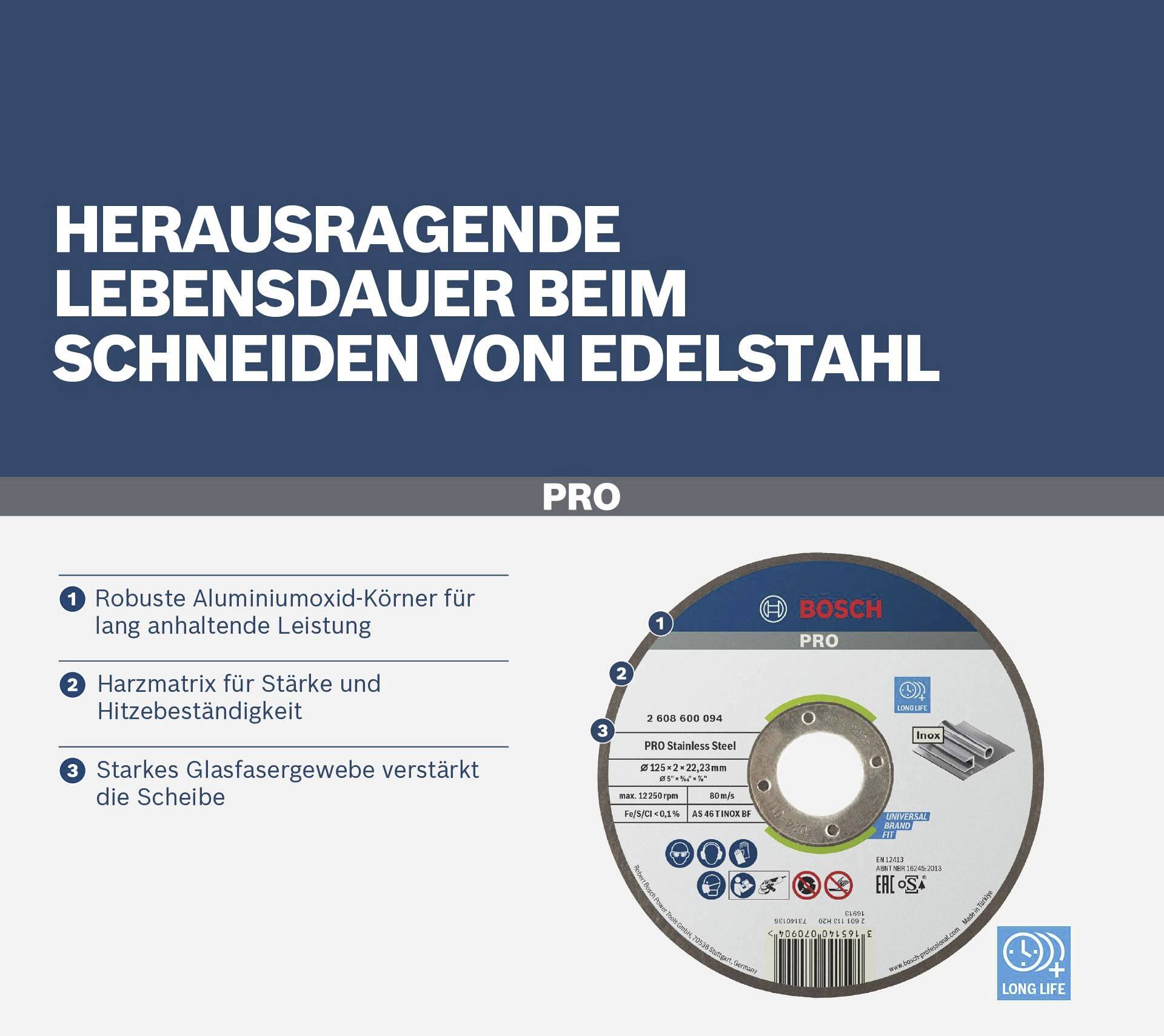 A cutting disc with robust aluminium oxide for long-term use on stainless steel. Strong glass fibre reinforcement for additional durability.