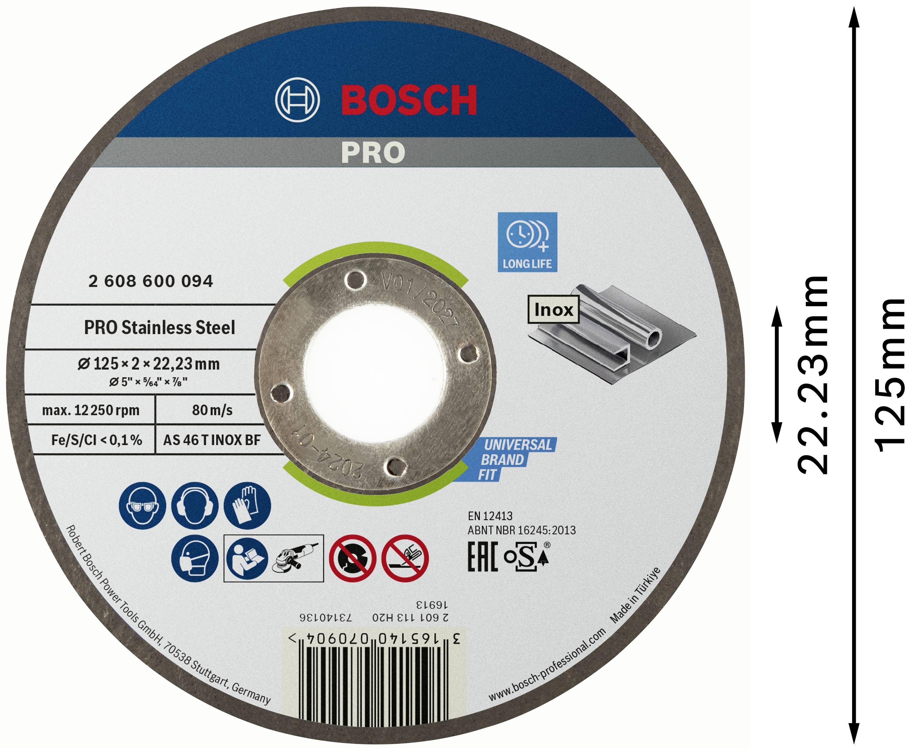 Bosch grinding disc for stainless steel, diameter 125 mm, thickness 1 mm, speed 80 m/s; symbols for safety and usage.