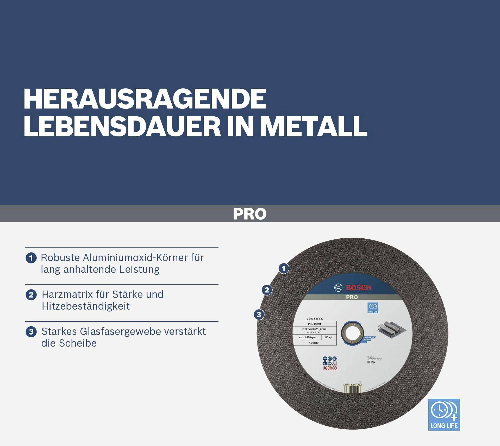 'Outstanding Durability in Metal': A disc with robust aluminum oxide grains, resin matrix and strong fiberglass fabric.