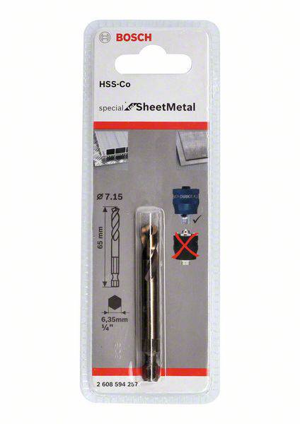 'Packaging of a Bosch HSS-Co drill bit for sheet metal, size 6.35 mm, suitable for metal surfaces. Clear graphic shows application instructions.'